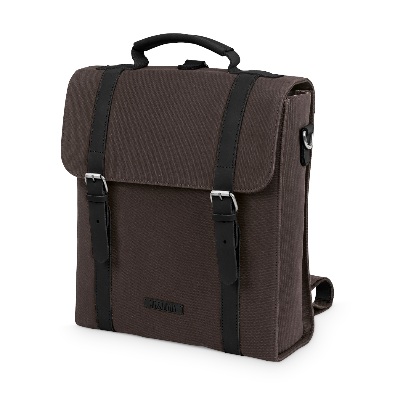 Brauner Rucksack mit schwarzem Griff und Riemen, sowie einem kleinen Logo auf der Vorderseite.
