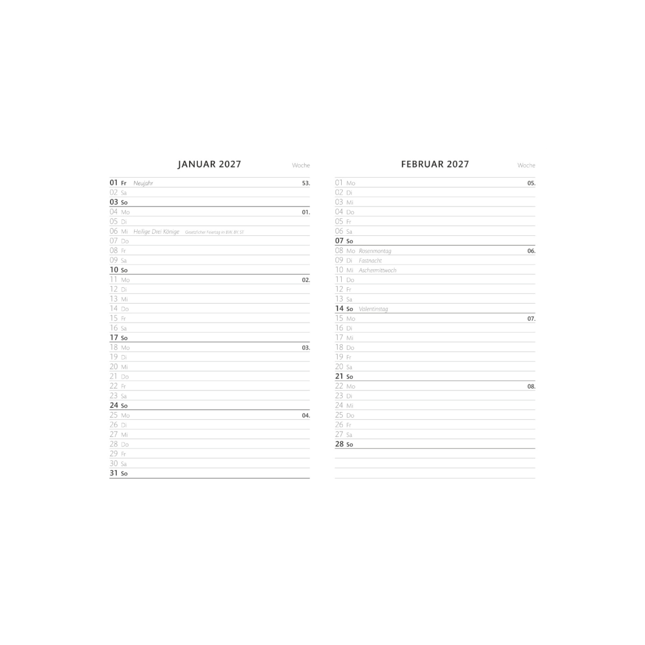 Ein minimalistischer zweiseitiger Kalender für Januar und Februar 2027 mit linierten Feldern für jeden Tag. Die deutschen Wochentage und Feiertage sind vermerkt; die meisten Daten haben Leerzeilen zum Schreiben.