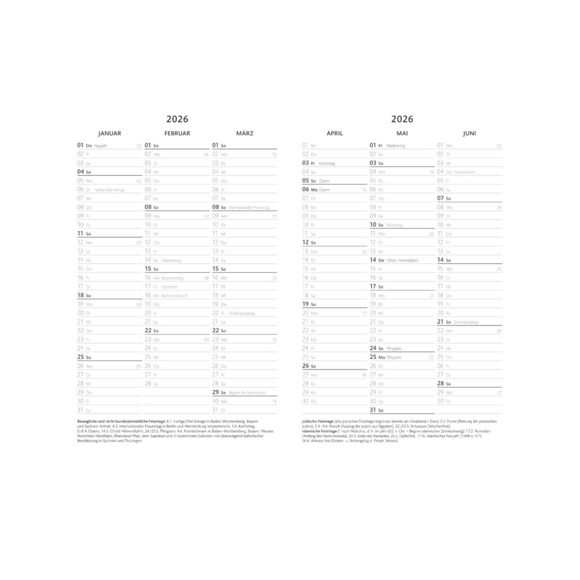 Ein Kalender 2026 für Januar bis Juni in deutscher Sprache, mit Tagen, Daten und Platz für Notizen. Feiertage wie Neujahr und Ostern sind unter dem jeweiligen Datum hervorgehoben.