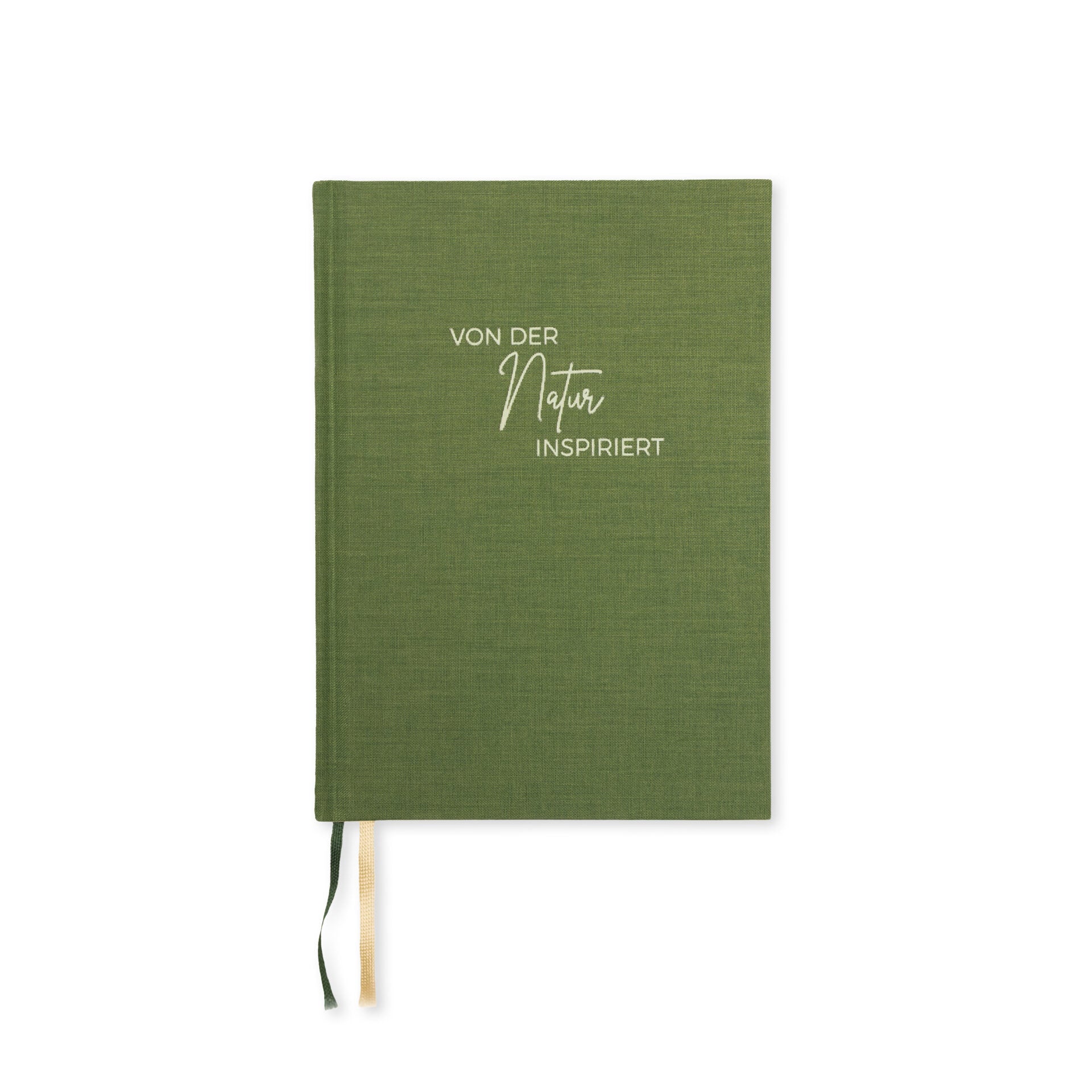 Grünes Notizbuch mit der Aufschrift "Von der Natur inspiriert" in weißer Schrift und zwei Lesezeichenbändern.