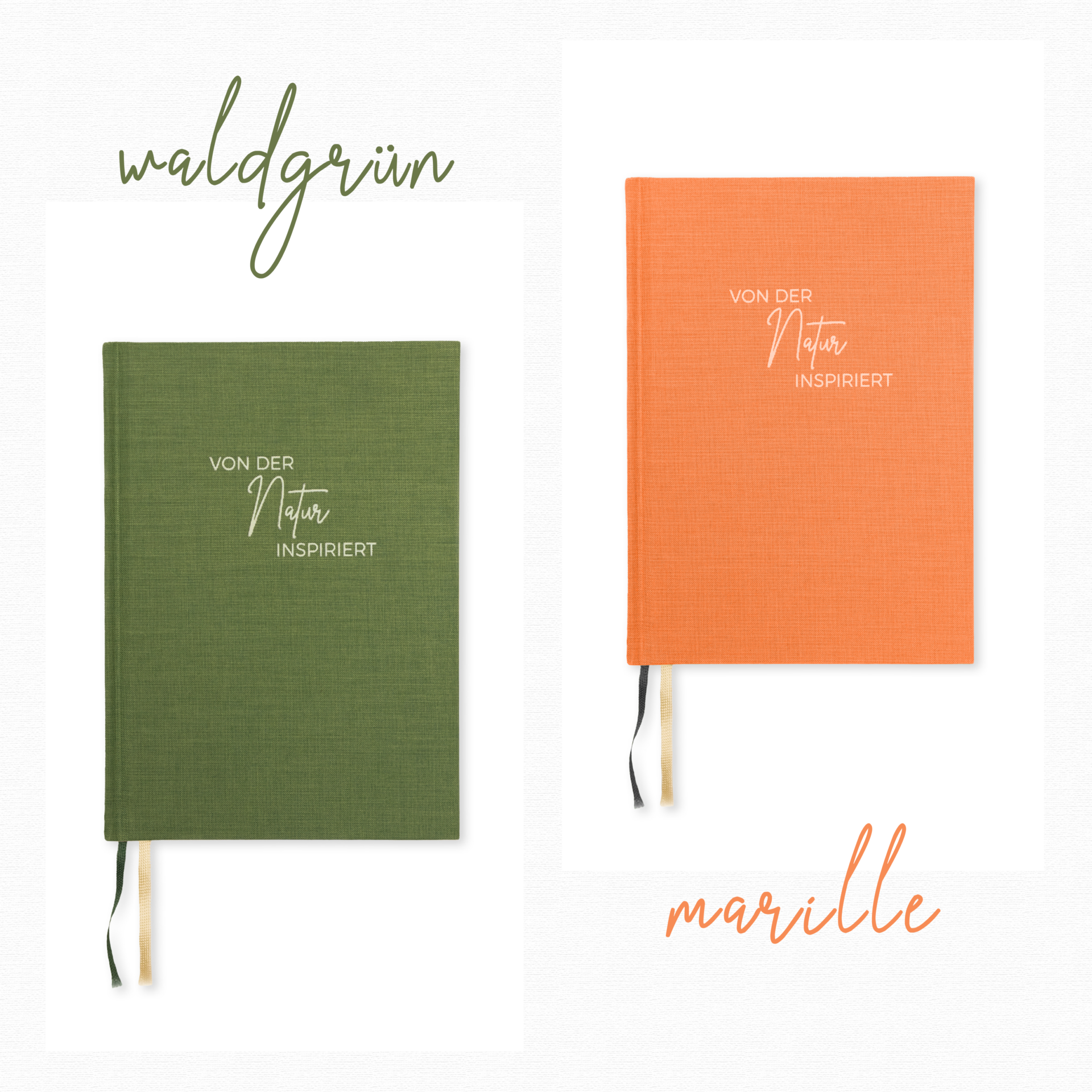Zwei Notizbücher mit der Aufschrift "Von der Natur inspiriert", eines in Waldgrün, das andere in Marille.