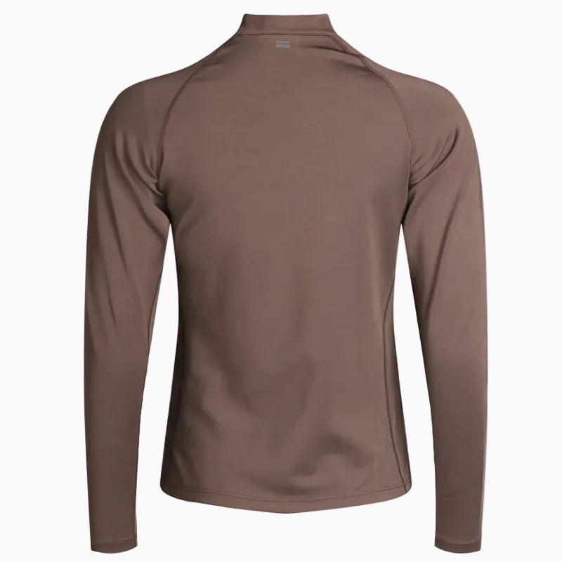 Das langärmelige, braune Sportoberteil ist von hinten zu sehen. Es hat einen hohen Kragen und ist tailliert geschnitten, ohne sichtbare Logos oder Muster.