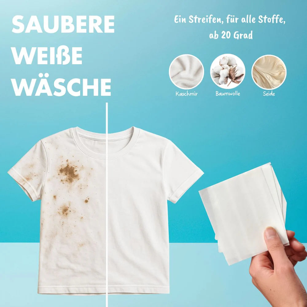 Eine Hand hält weiße Waschmitteltücher vor einem weißen T-Shirt, das halb schmutzig und halb sauber ist, mit deutschem Text und Bildern von Kaschmir-, Baumwoll- und Seidenstoffen auf blauem Hintergrund.