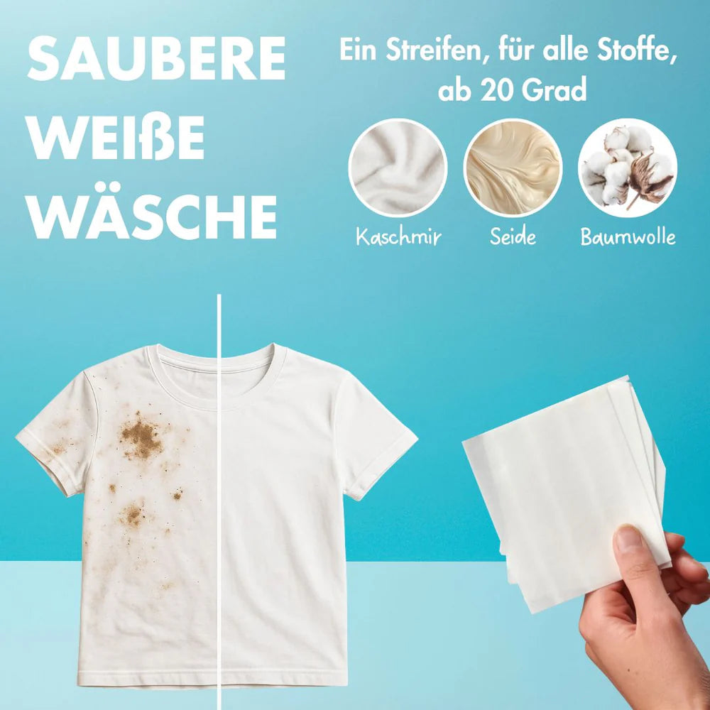 Ein weißes T-Shirt ist in zwei Hälften geteilt; eine Seite ist schmutzig, die andere ist sauber. Der Text wirbt für ein Reinigungsmittel, das für Kaschmir, Seide und Baumwolle geeignet ist. In der rechten unteren Ecke hält eine Hand Reinigungsstreifen.