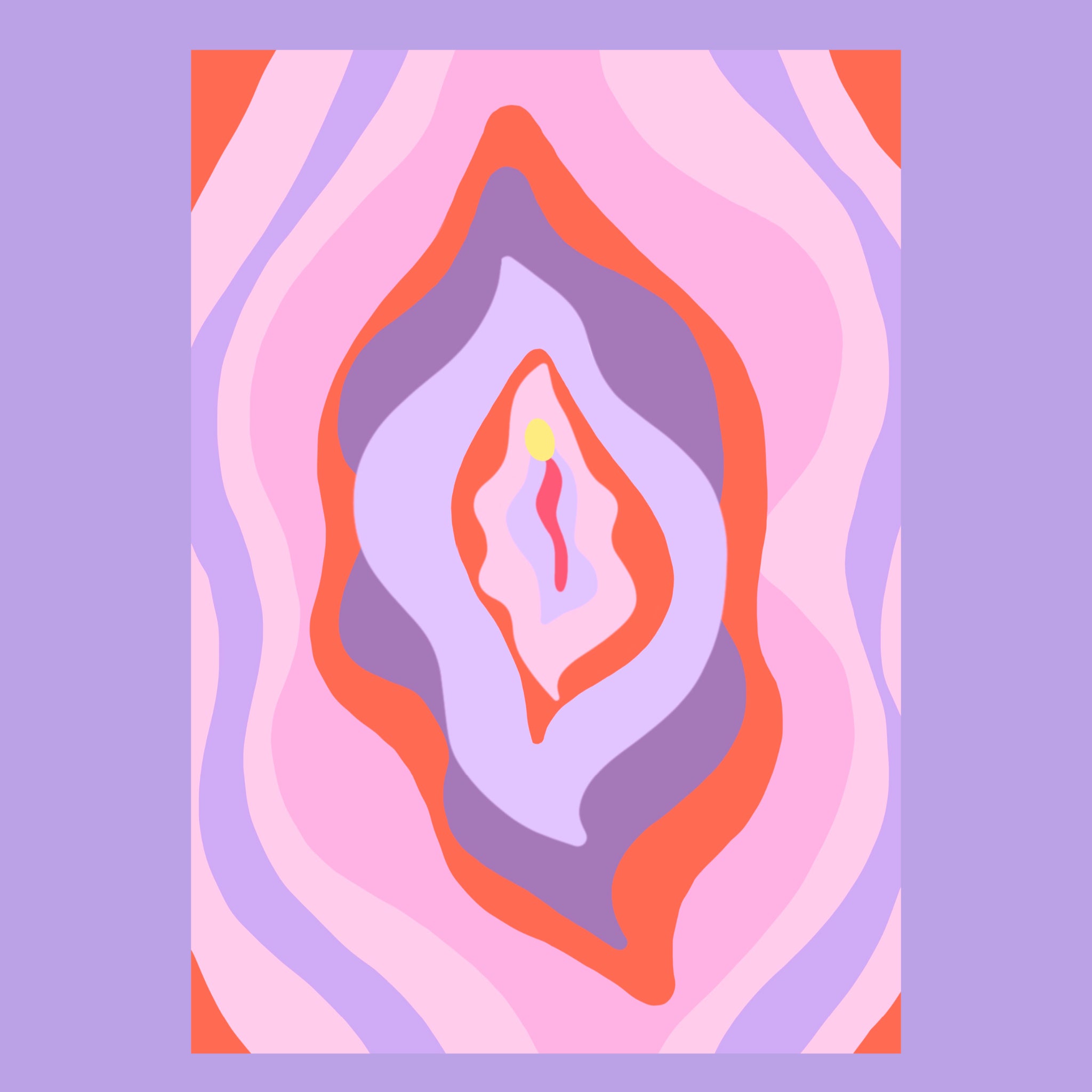 Abstrakte Kunst mit geschichteten, wellenförmigen Formen in Rosa-, Lila-, Rot- und Gelbtönen, die von der Mitte aus nach außen strahlen, auf einem blasslila Hintergrund. Die Komposition bildet ein symmetrisches, organisches Muster.