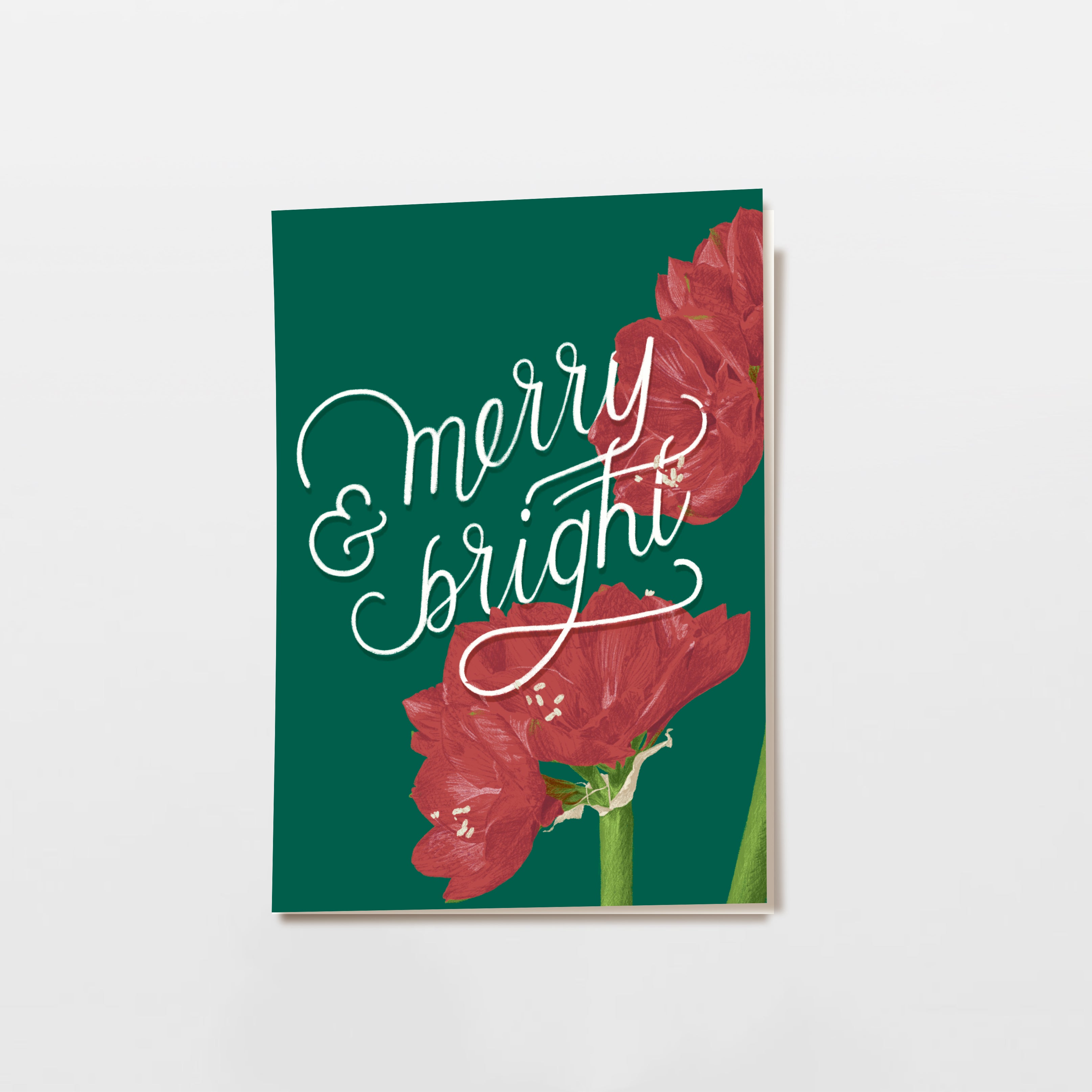 Eine Grußkarte mit roten Amaryllisblüten auf dunkelgrünem Hintergrund und den Worten "merry & bright" in eleganter weißer Schrift.