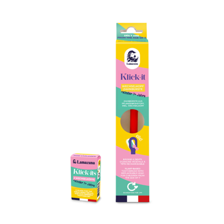 Verpackungen von Lamazuna Klick-it Zahnbürstenkopf und Aufsteckbürste für Kinder, in bunten Farben gestaltet.