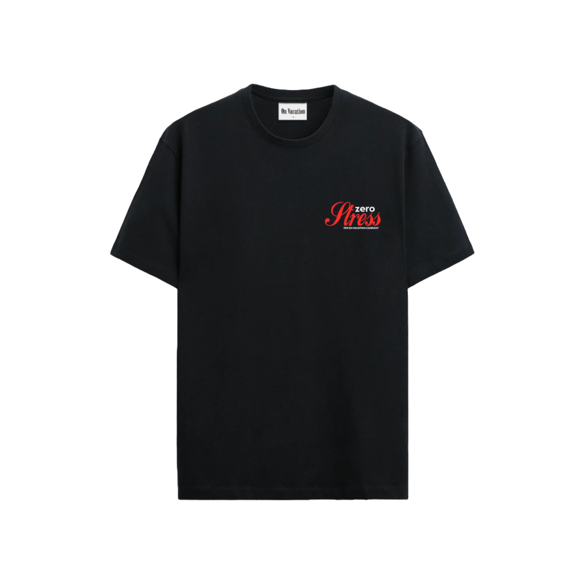 Ein schlichtes schwarzes T-Shirt mit einer kleinen rot-weißen "Zero Stress"-Grafik auf der linken Brust. Das Shirt hat einen Rundhalsausschnitt und kurze Ärmel.