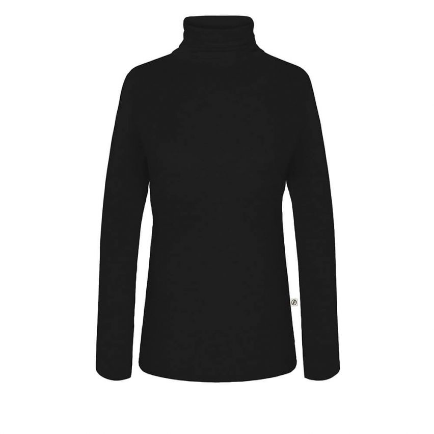 Schwarzer Rollkragenpullover mit langen Ärmeln auf weißem Hintergrund.