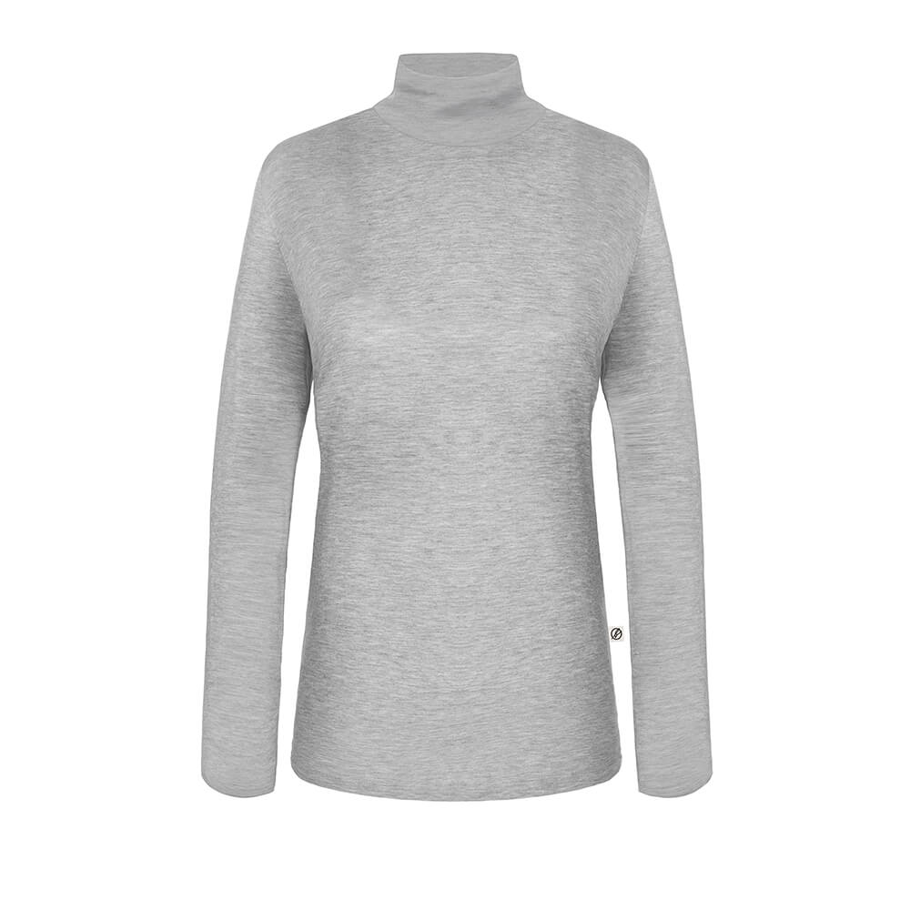 Graues Langarmshirt mit Rollkragen, auf einem weißen Hintergrund abgebildet.