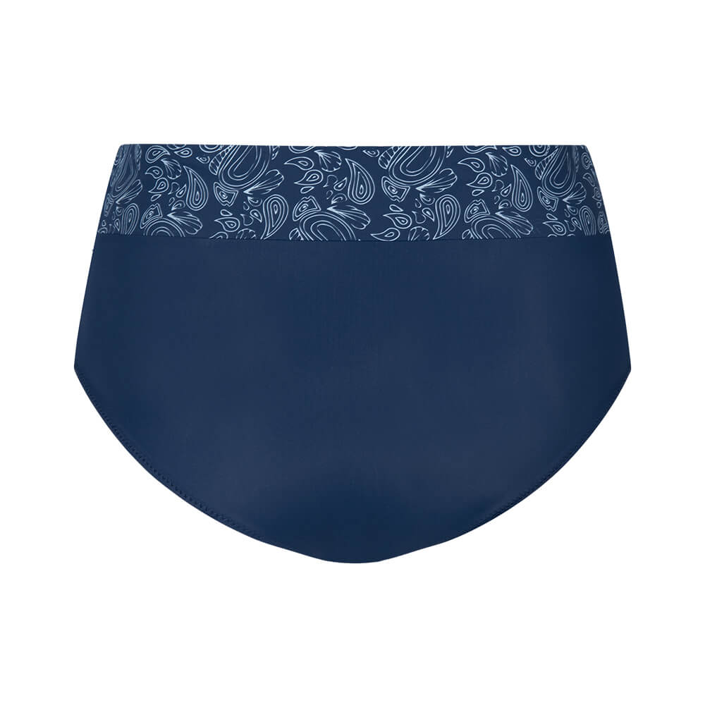 Rückseite eines marineblauen Slips mit einem gemusterten Bund.