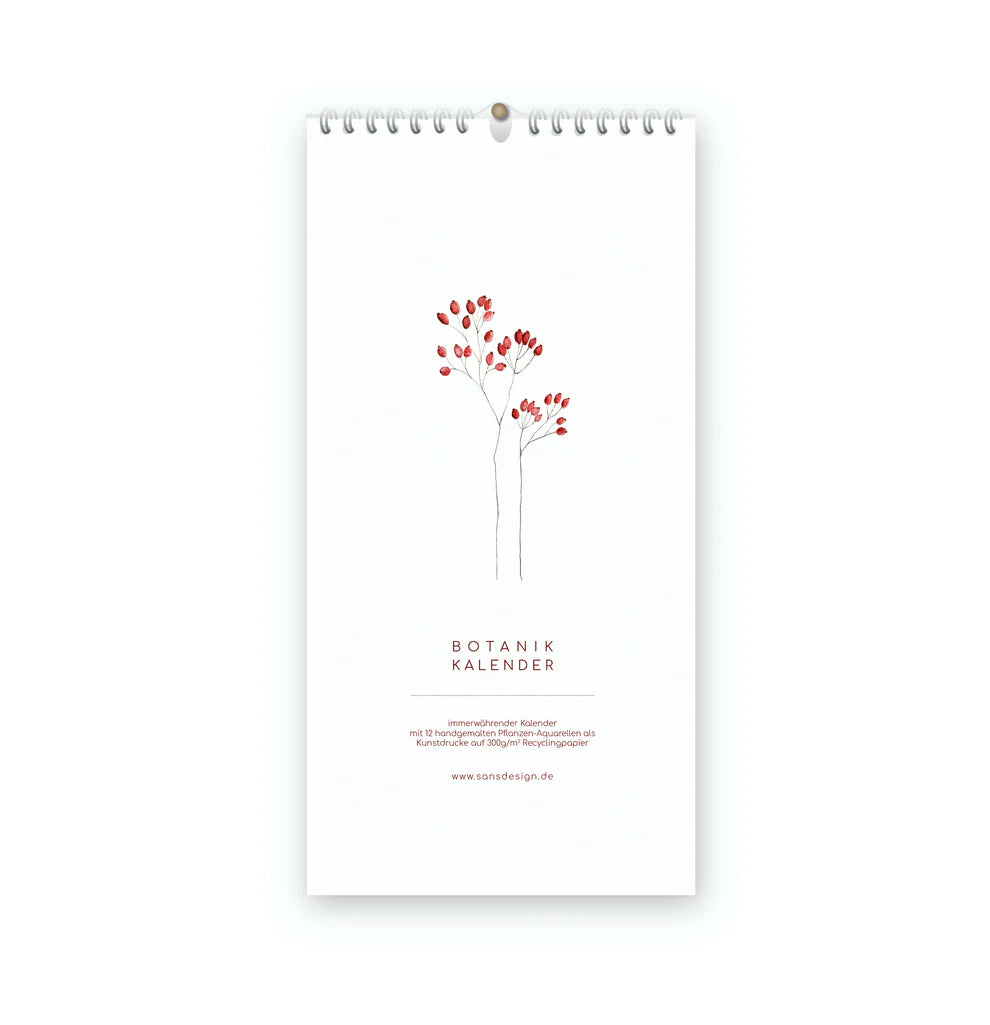 Ein minimalistischer botanischer Wandkalender mit weißem Einband, der die schlichte Illustration eines Beerenzweigs mit roten Beeren und den Schriftzug Botanik Kalender unterhalb der Illustration zeigt.