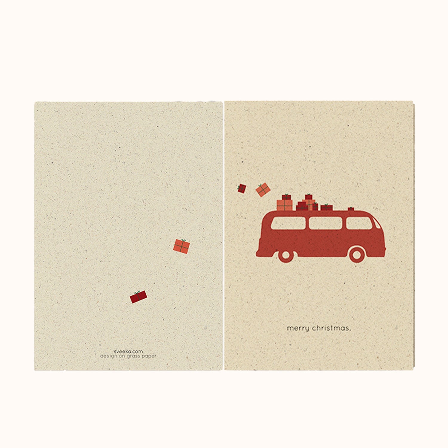 Zwei Karten auf braunem Papier, links mit Geschenken, rechts mit einem Bus voller Geschenke und Text "merry christmas".