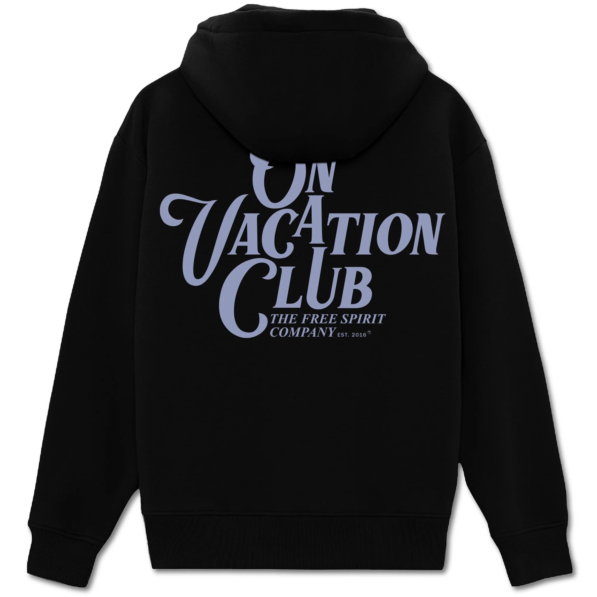 Schwarzer Hoodie mit lila Schriftzug "On Vacation Club - The Free Spirit Company Est. 2016" auf der Rückseite.