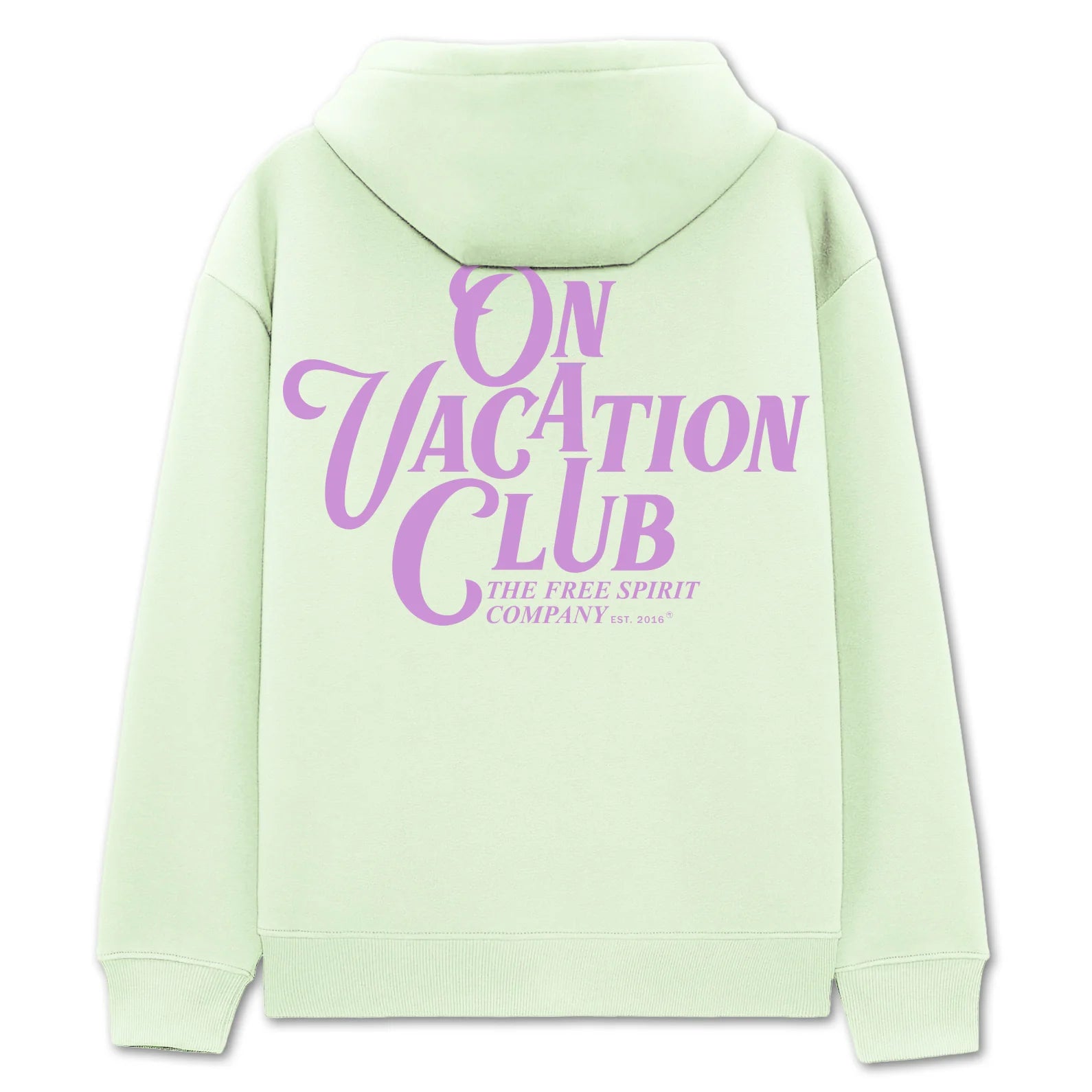 Hellgrüner Hoodie mit lila Schriftzug "ON VACATION CLUB. THE FREE SPIRIT COMPANY EST. 2016" auf dem Rücken.