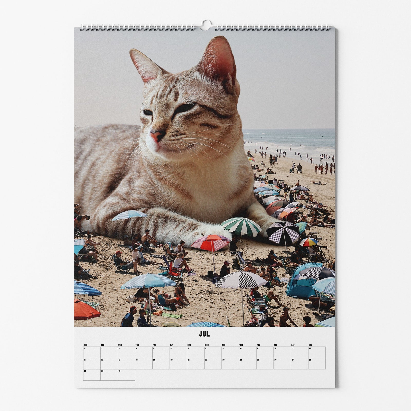 Ein Kalenderblatt zeigt eine riesige Katze, die zwischen bunten Sonnenschirmen am Strand liegt.