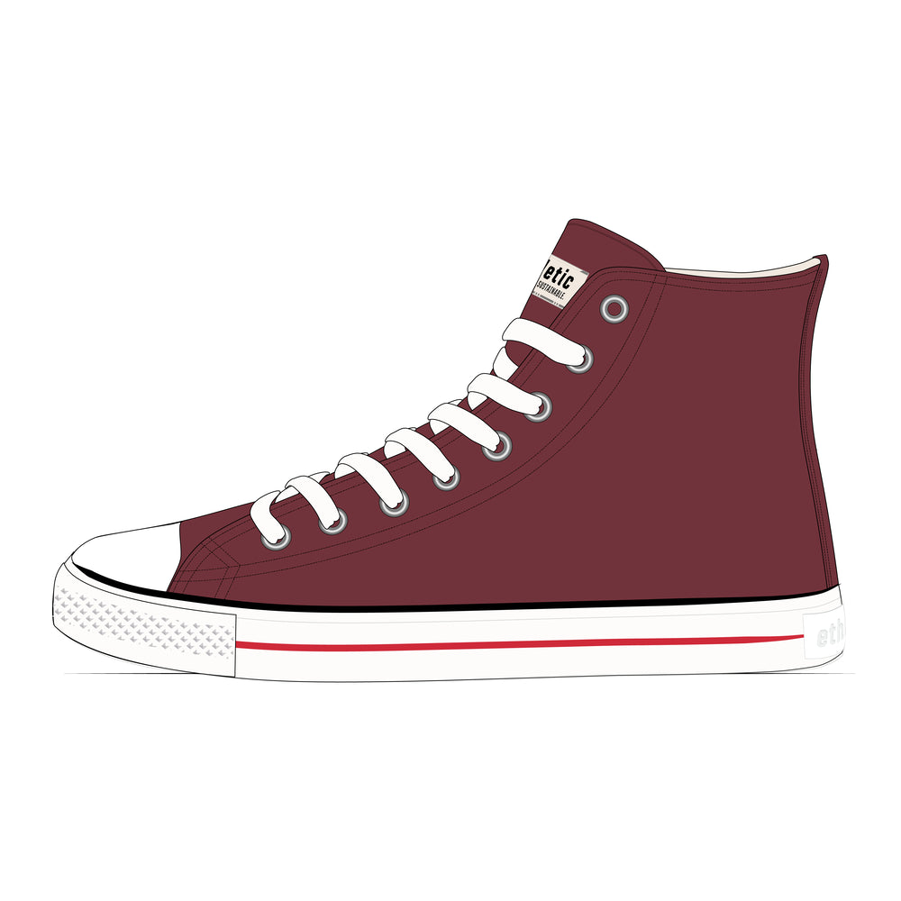 Illustration eines kastanienbraunen High-Top-Sneakers mit weißen Schnürsenkeln, einer weißen Zehenkappe, einer weißen Sohle und einem dünnen schwarzen Streifen über der Sohle. Der Schuh steht mit der Vorderseite nach links auf einem schlichten weißen Hintergrund.