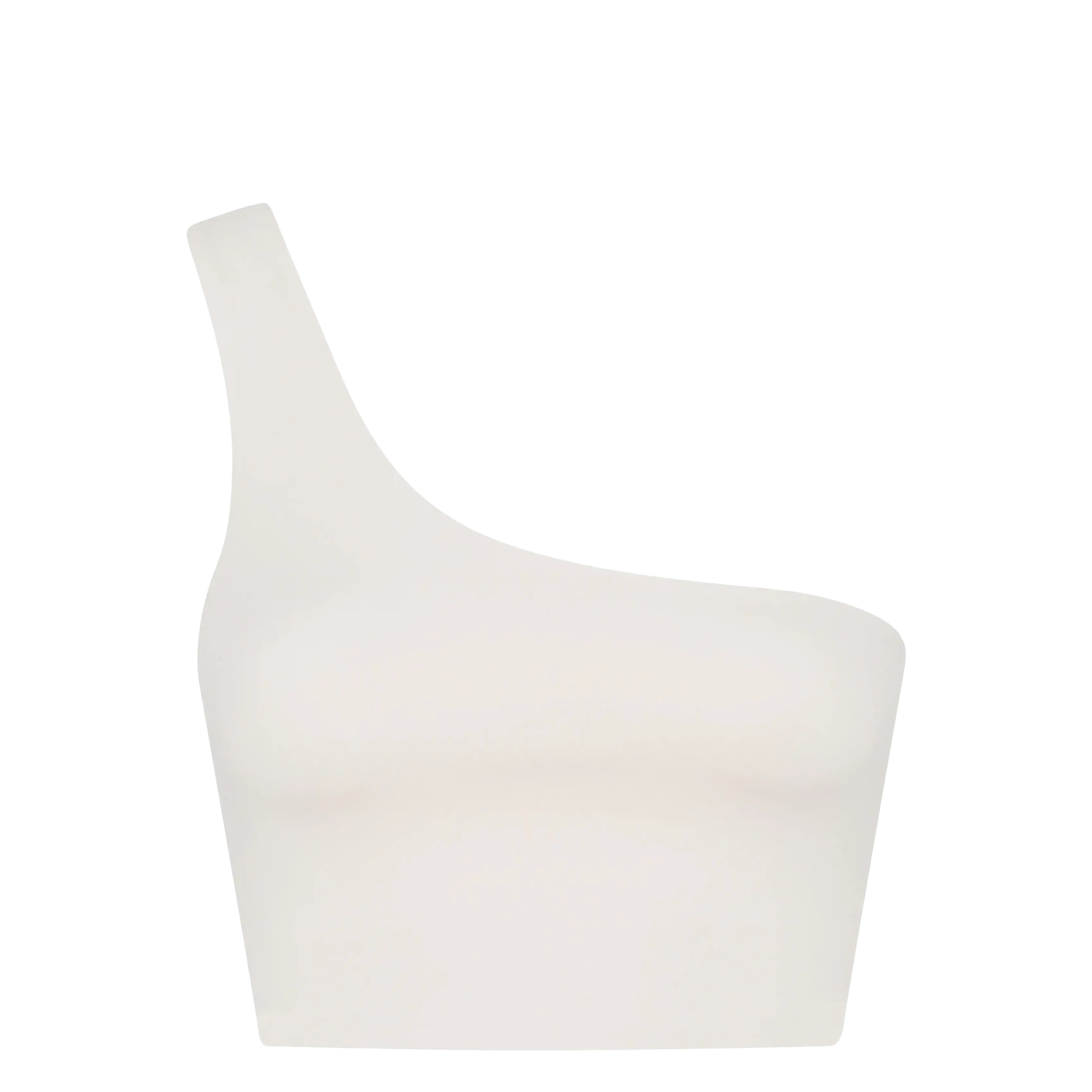 Weißes, schulterfreies, tailliert geschnittenes Oberteil mit einem breiten Träger auf der linken Seite, der sich vor einem schlichten weißen Hintergrund abzeichnet.