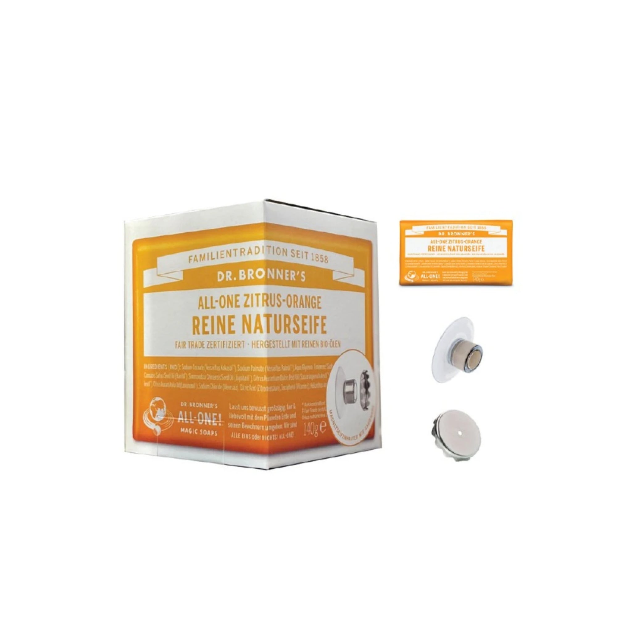 Dr. Bronner's Reine Naturseife "All-One Zitrus-Orange" mit Magnethalterung 140 g