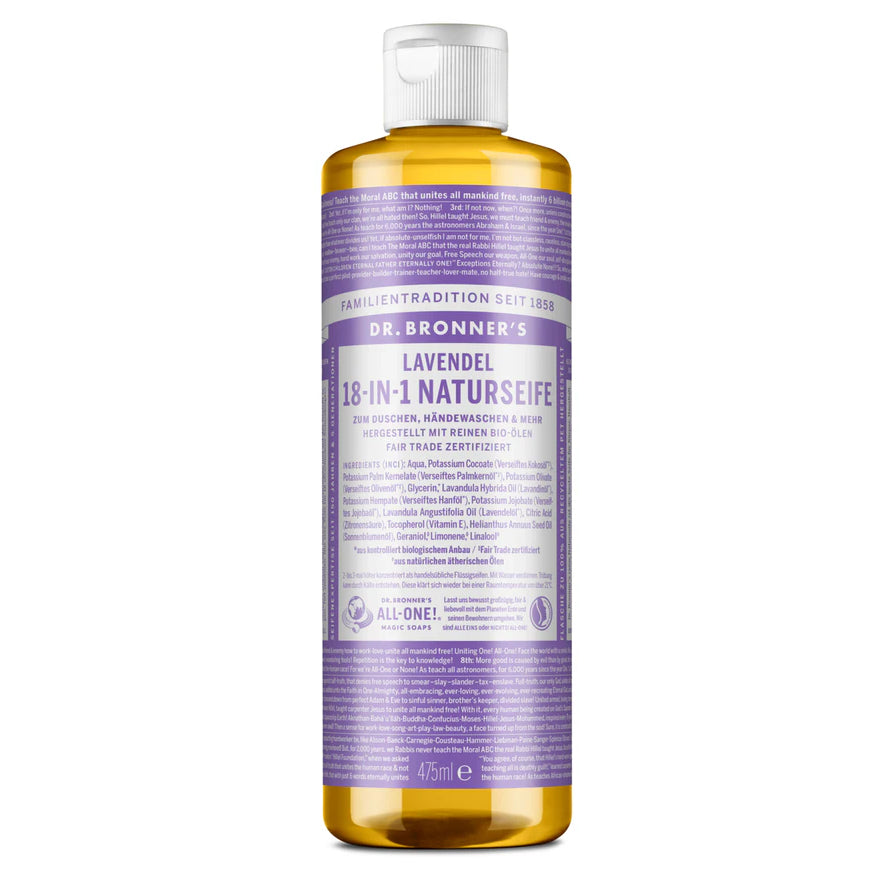 Eine Flasche mit Flüssigkeit mit violettem Etikett.