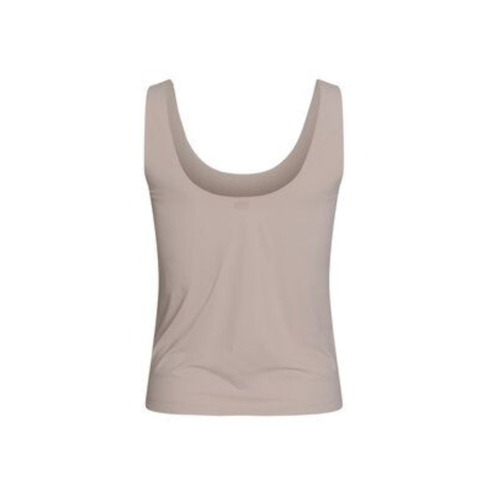 Ein ärmelloses, beigefarbenes Tank-Top mit Rundhalsausschnitt auf weißem Hintergrund.