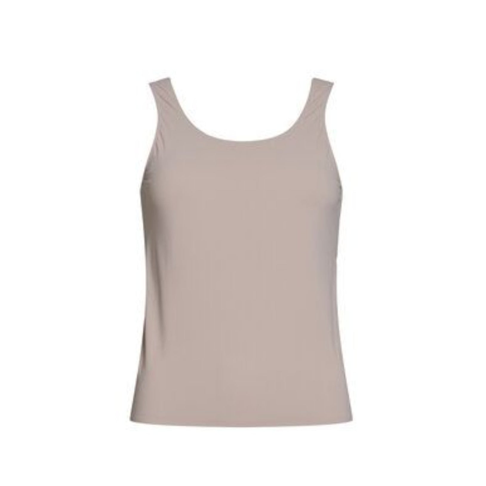 Ein ärmelloses, hellbeiges Tank-Top mit Rundhalsausschnitt, das auf einem einfarbig weißen Hintergrund abgebildet ist.