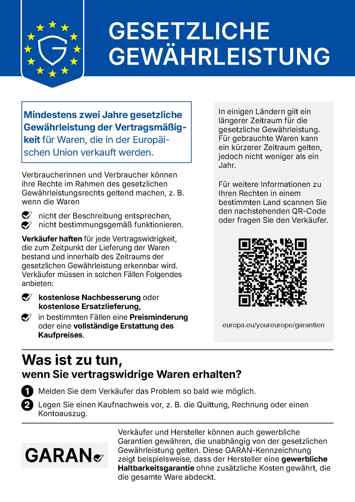 Hinweis zu den gesetzlichen Gewährleistungsrechten