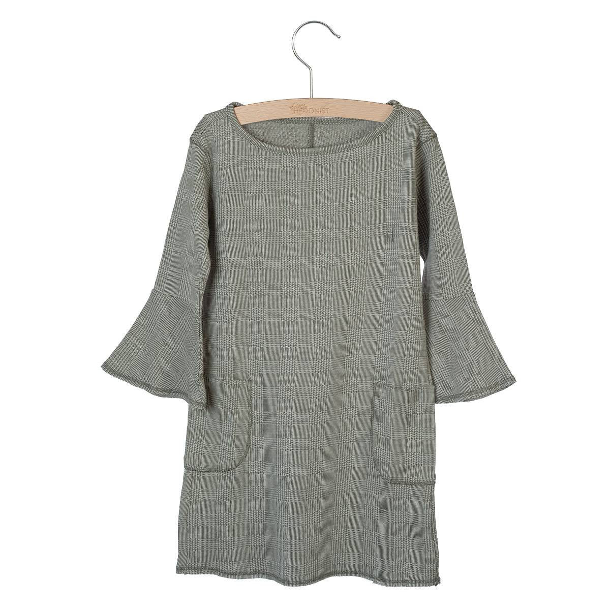 Ein grau kariertes, langärmeliges Kleid für Kinder mit Glockenärmeln, zwei Vordertaschen und rundem Ausschnitt, das auf einem Holzbügel vor weißem Hintergrund ausgestellt ist.