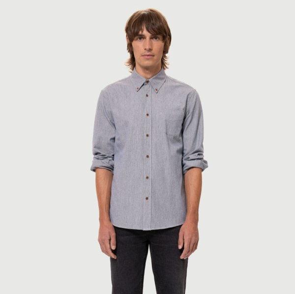 Nudie Jeans Herren Hemd "John" L Button Down Blue Melange