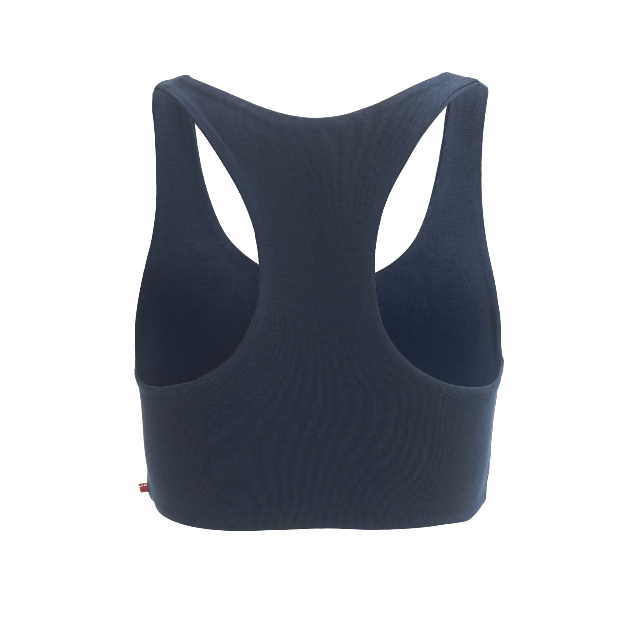 Dunkelblaues Racerback-Sporttop, Bild zeigt die Rückenansicht vor weißem Hintergrund.