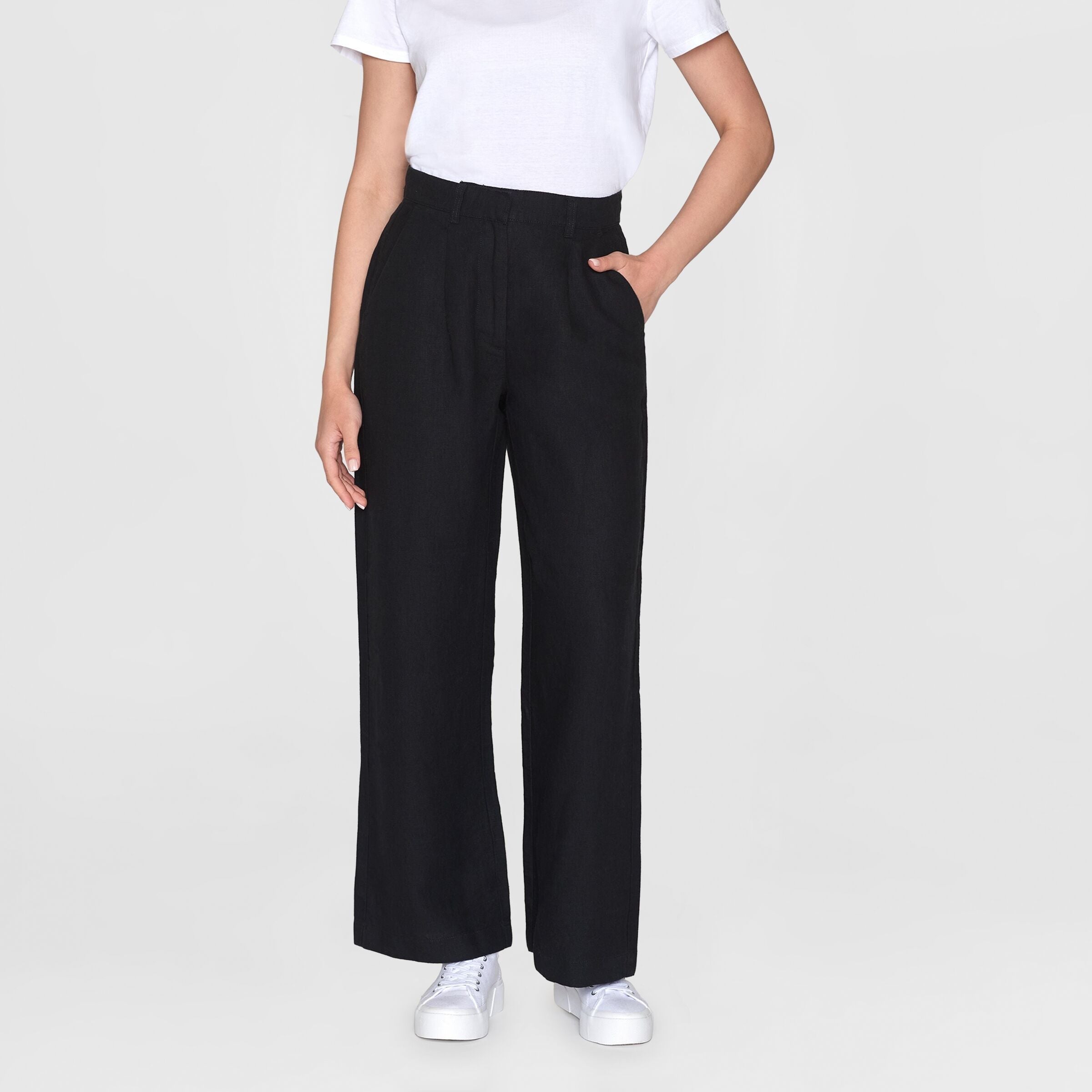 KnowledgeCotton Apparel Pants Wide Mid-Rise Linen "POSEY" XS Schwarz (Black Jet)