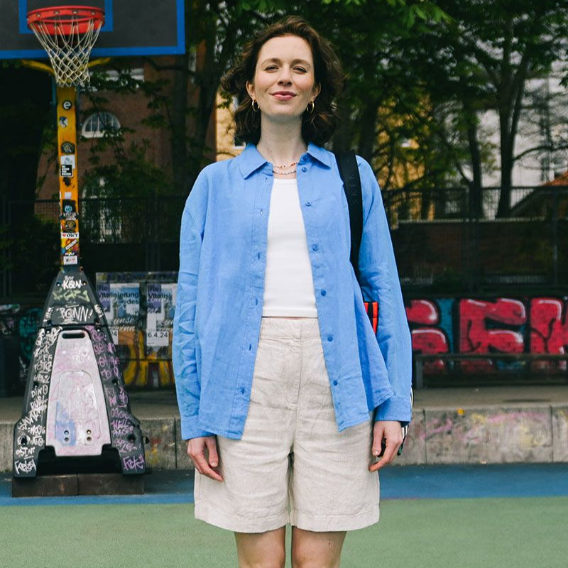 KnowledgeCotton Apparel Hemd Loose Linen Long Sleeved Blau (Malibu Blue)
