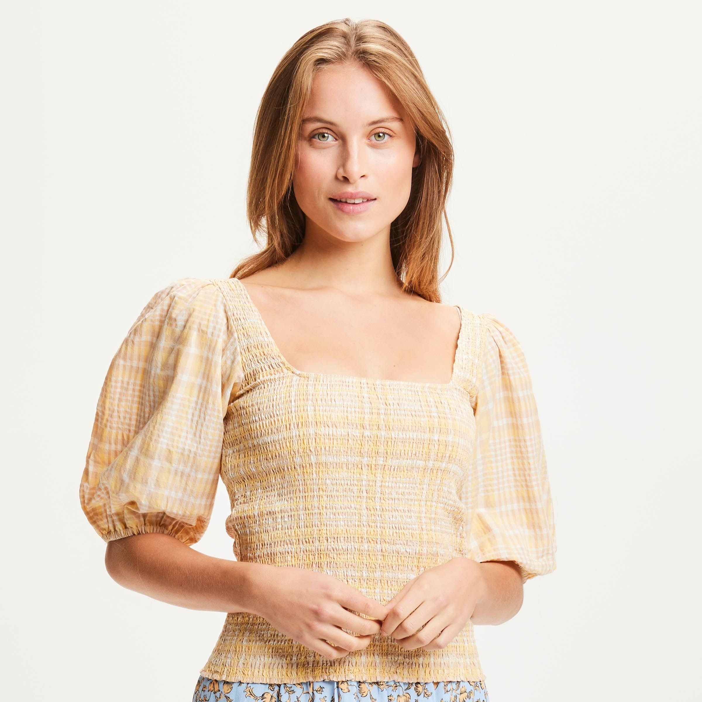 KnowledgeCotton Apparel Top "Check Smock" Gelb (Impala)