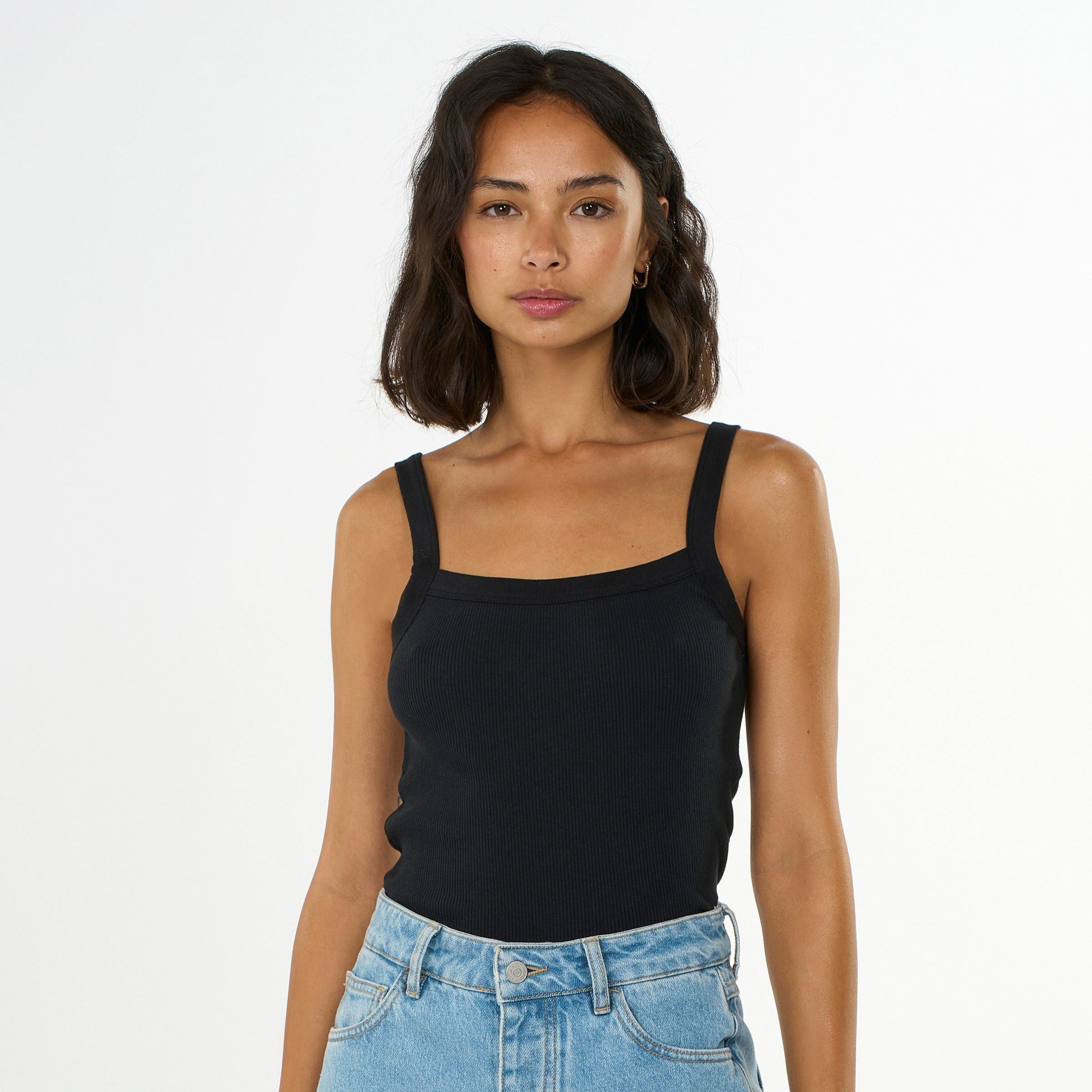 KnowledgeCotton Apparel Rib Strap Top L Schwarz (Black Jet)