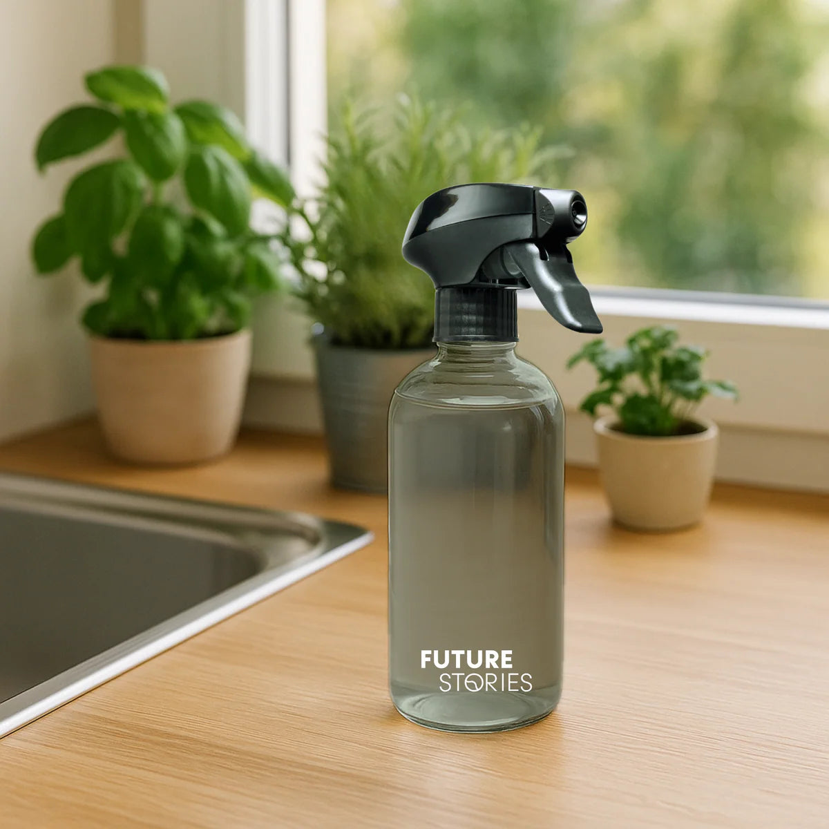 Eine durchsichtige Sprühflasche mit der Aufschrift FUTURE STORIES steht auf einer hölzernen Arbeitsplatte in der Nähe eines Waschbeckens, mit kleinen Topfpflanzen und einem Fenster im Hintergrund.