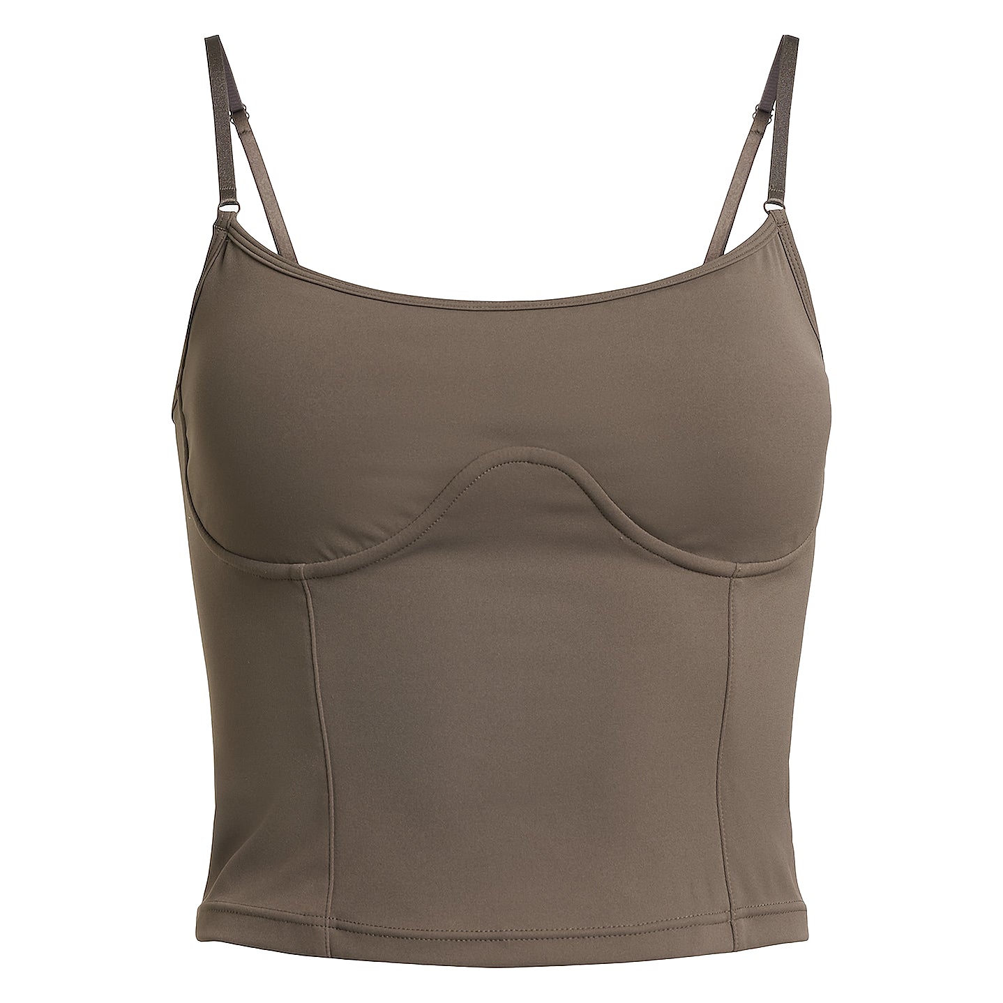 Ein taupebraunes, tailliertes Camisole-Top mit dünnen, verstellbaren Spaghettiträgern und dezenten Nahtdetails unter der Brust und auf der Vorderseite.
