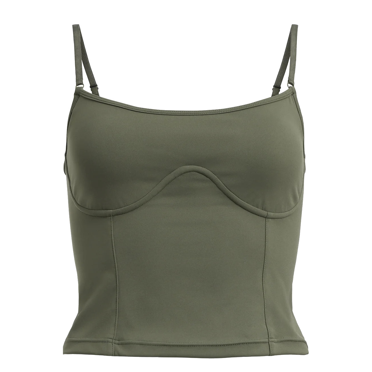 Ein tailliertes, olivgrünes Camisole-Top mit dünnen, verstellbaren Trägern und einer geschwungenen Naht unter der Brust.