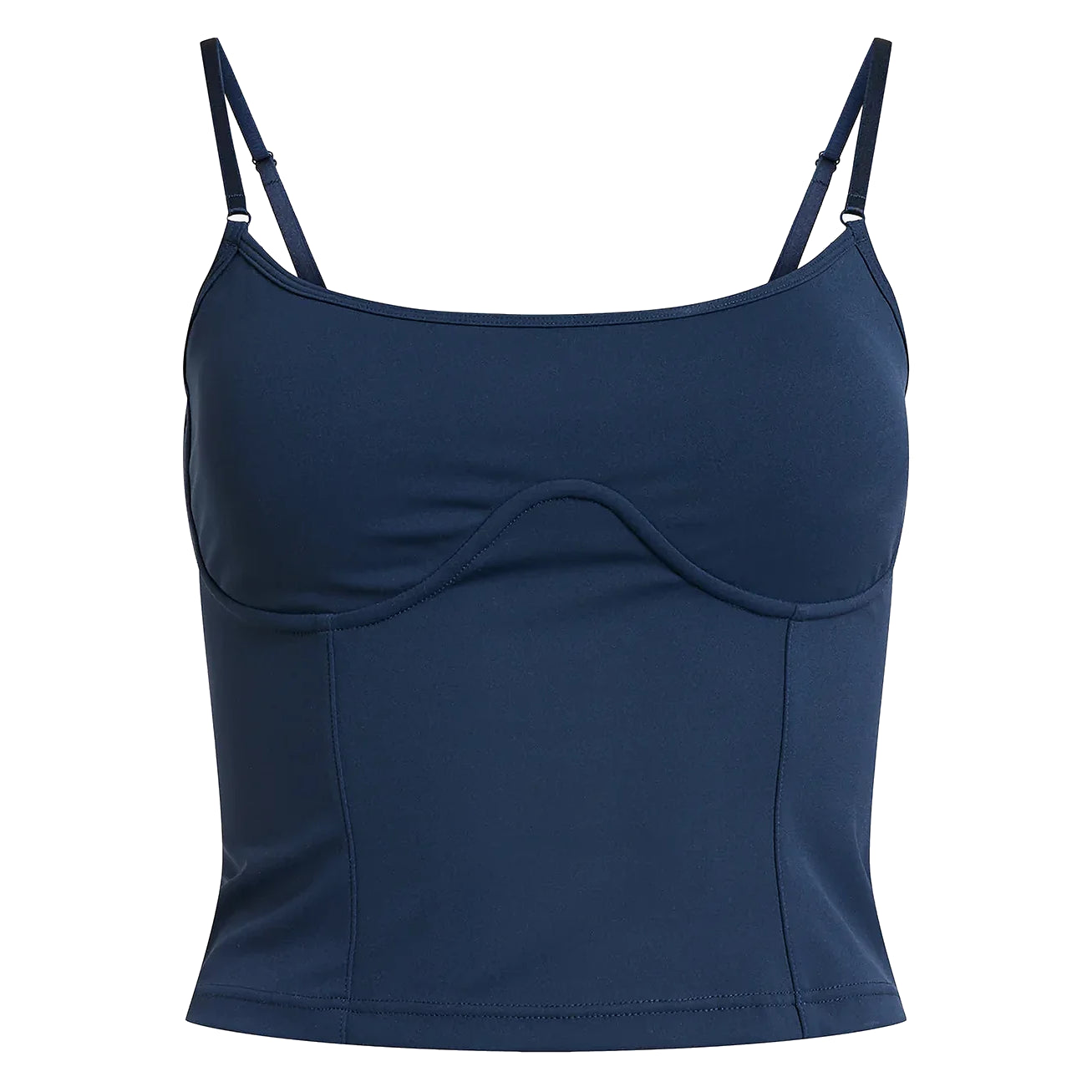 Ein tailliertes, ärmelloses, marineblaues Camisole-Top mit dünnen, verstellbaren Trägern, einem geschwungenen Saum unter der Brust und einem glatten, stromlinienförmigen Design.