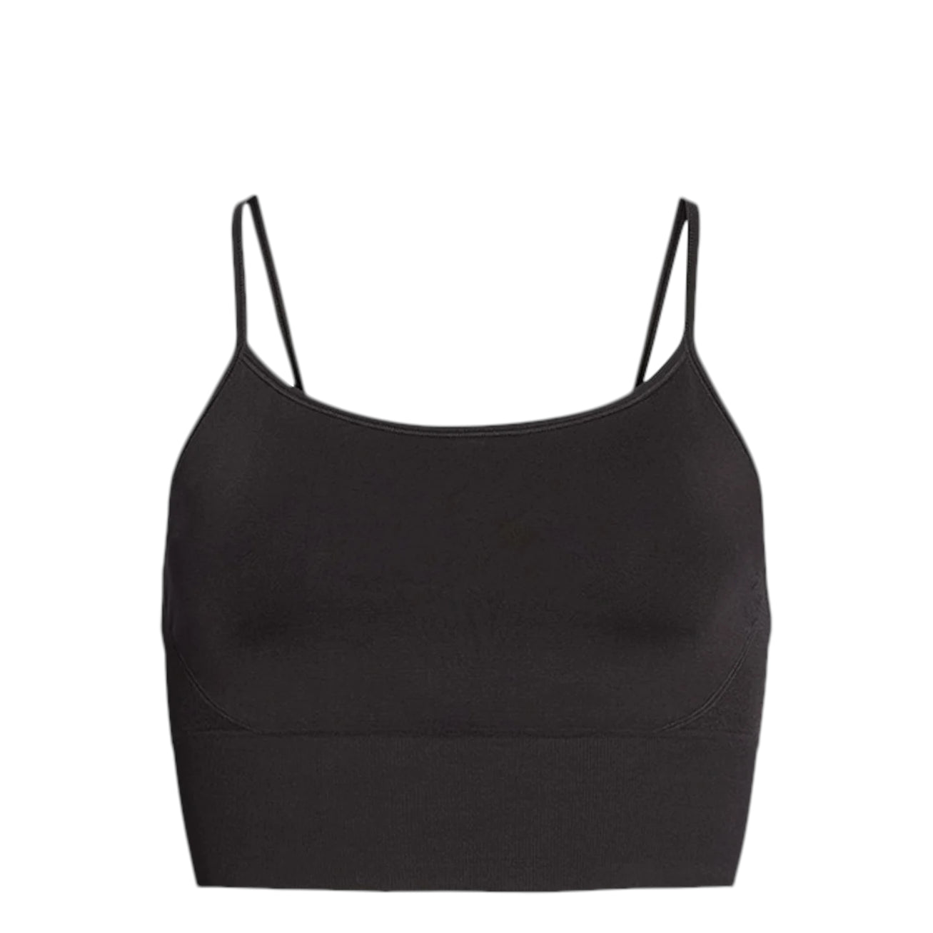 Ein schwarzes, ärmelloses Crop-Top mit dünnen Spaghetti-Trägern und nahtlosem Schnitt auf weißem Hintergrund.