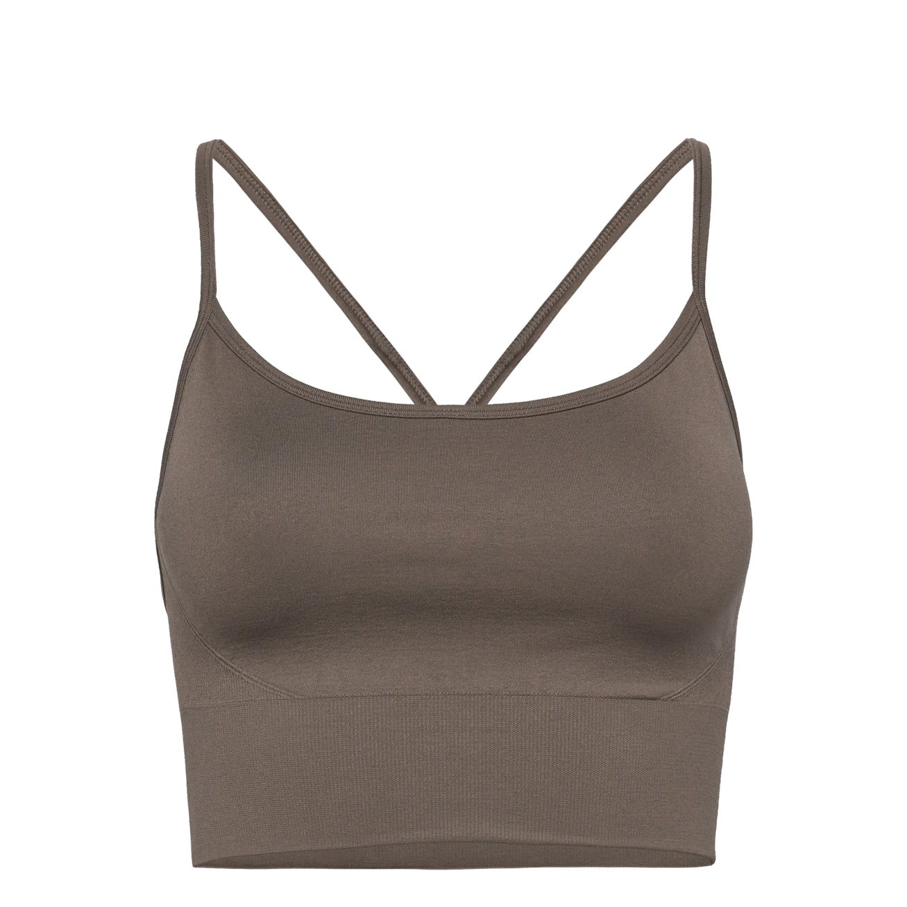 Braunes, nahtloses, geripptes Crop-Top mit dünnen Spaghetti-Trägern und Rundhalsausschnitt auf weißem Hintergrund.