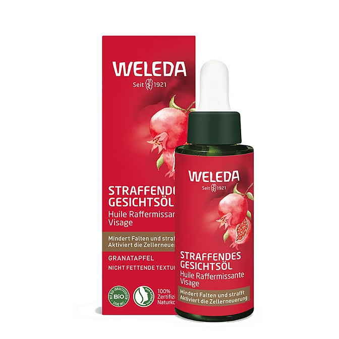 Eine Flasche und Schachtel Weleda Granatapfel Straffendes Gesichtsöl. Die Verpackung ist rot mit weißer Schrift und Abbildungen von Granatäpfeln, mit einem Tropfverschluss und Produktinformationen in Deutsch.
