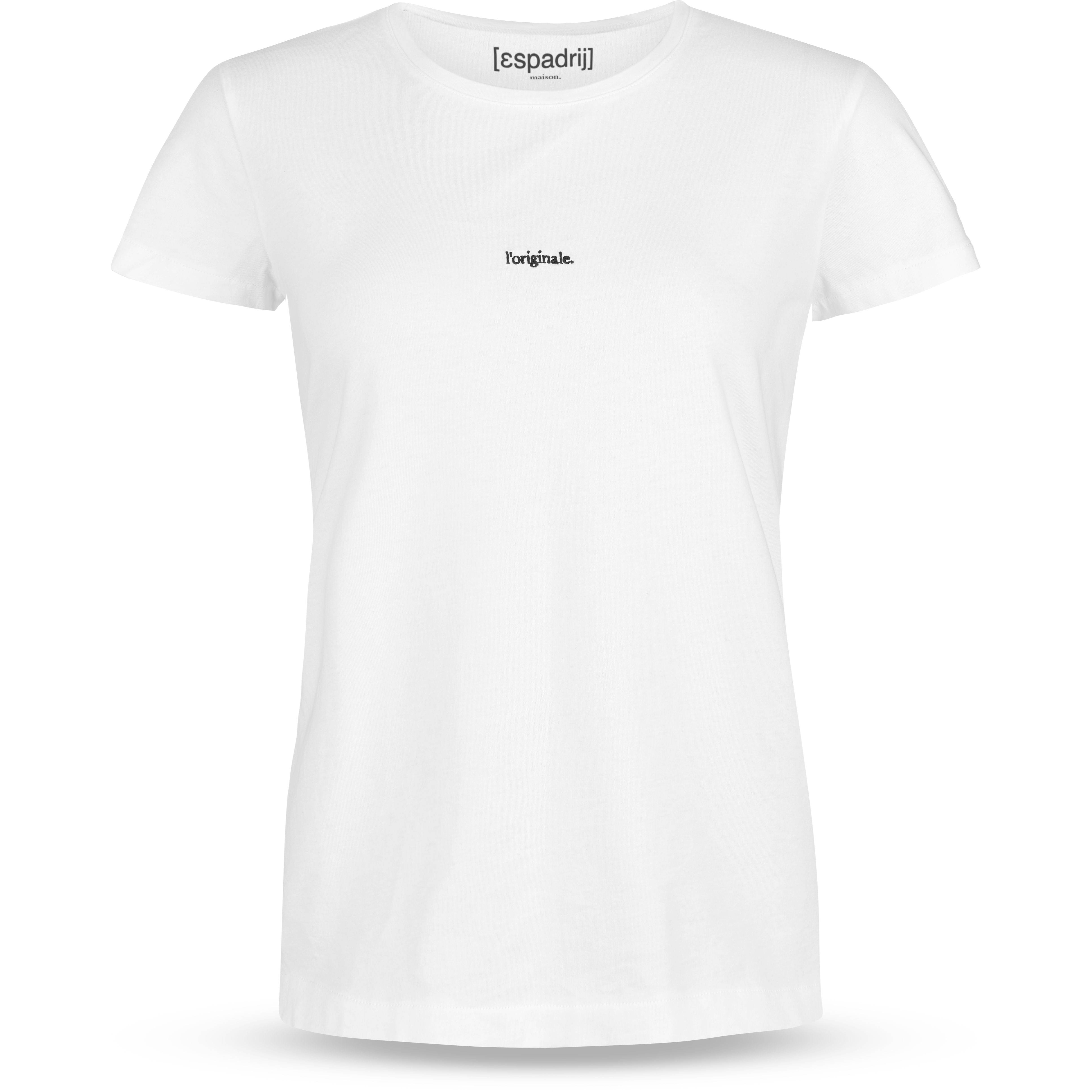 Weißes T-Shirt mit kleinem schwarzen Text "l'originale." auf der Brust und Markenname [espadrij] im Nackenbereich.