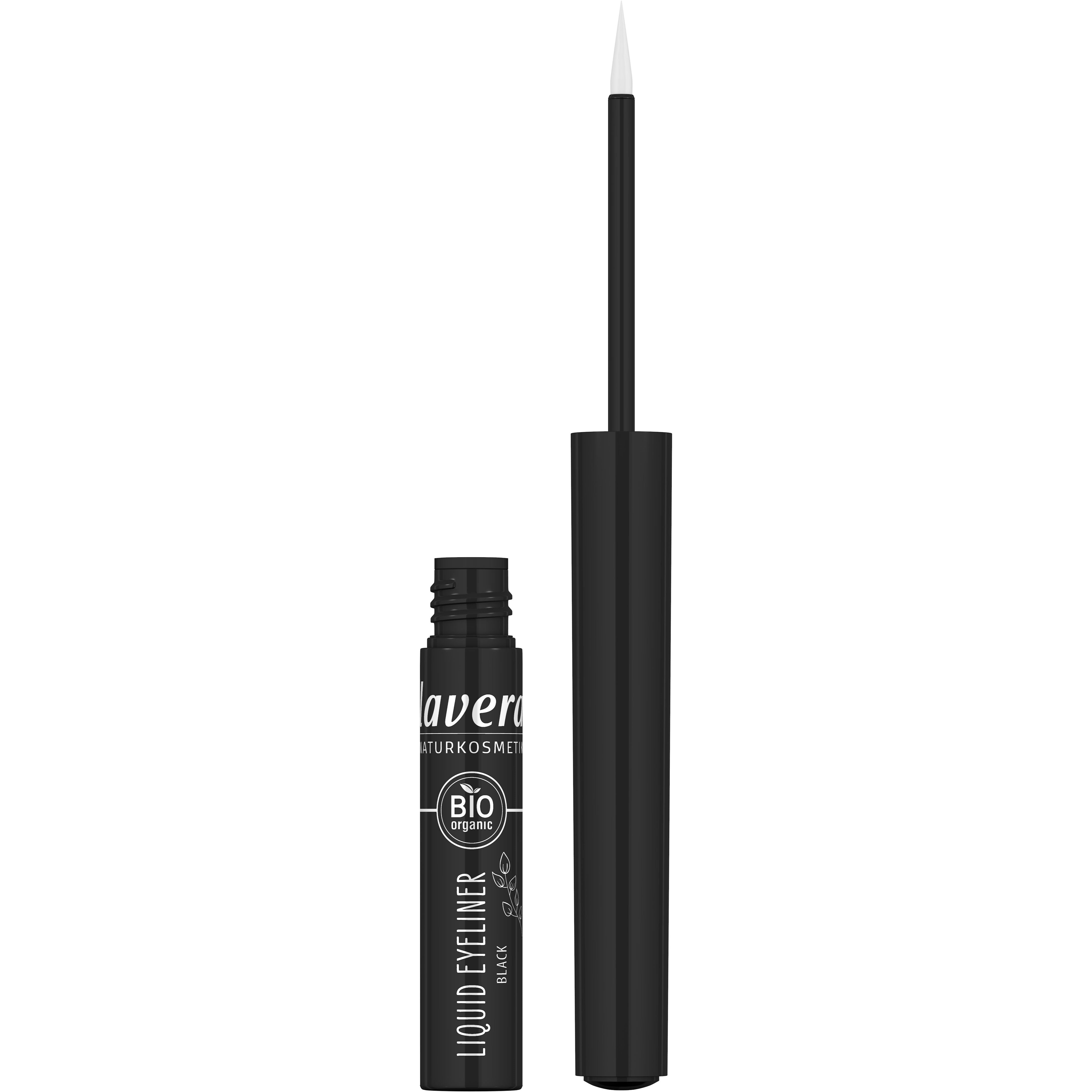 Schwarzer Flüssig-Eyeliner von Lavera mit offenem Deckel und dünnem Pinselapplikator.