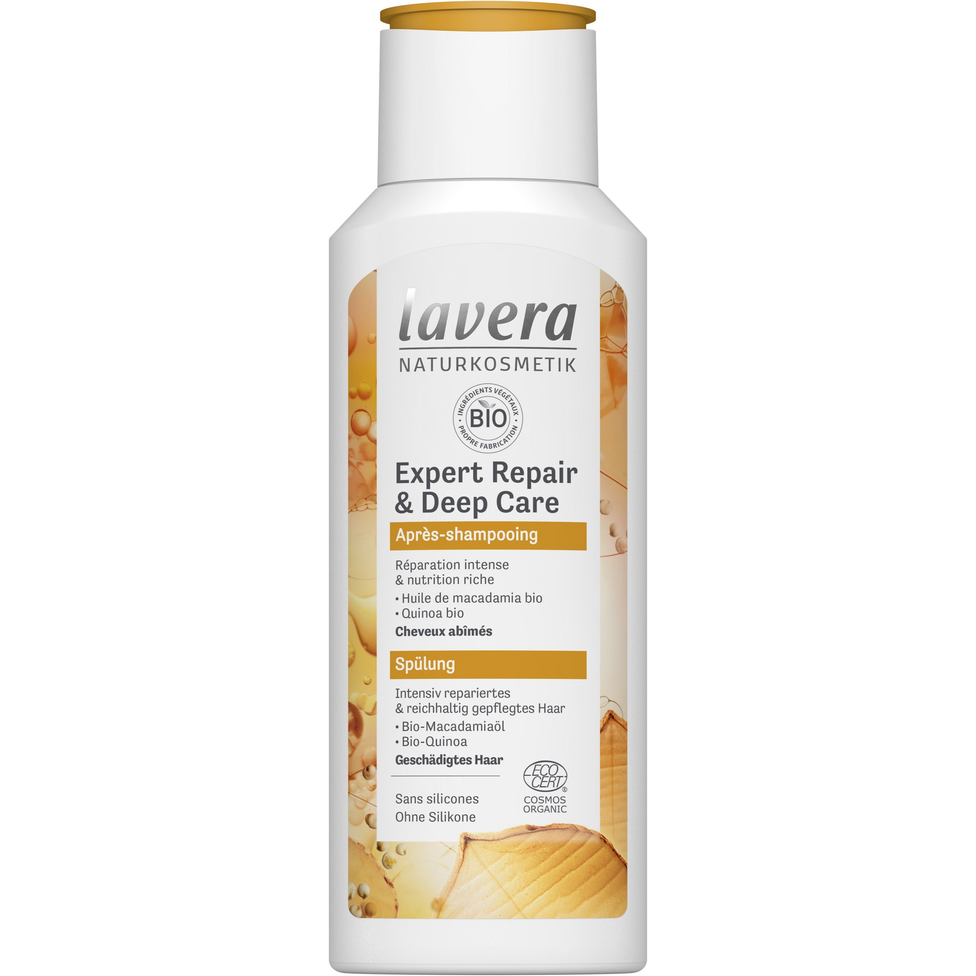 Flasche Lavera Naturkosmetik Expert Repair & Deep Care Spülung, ohne Silikone, für geschädigtes Haar.