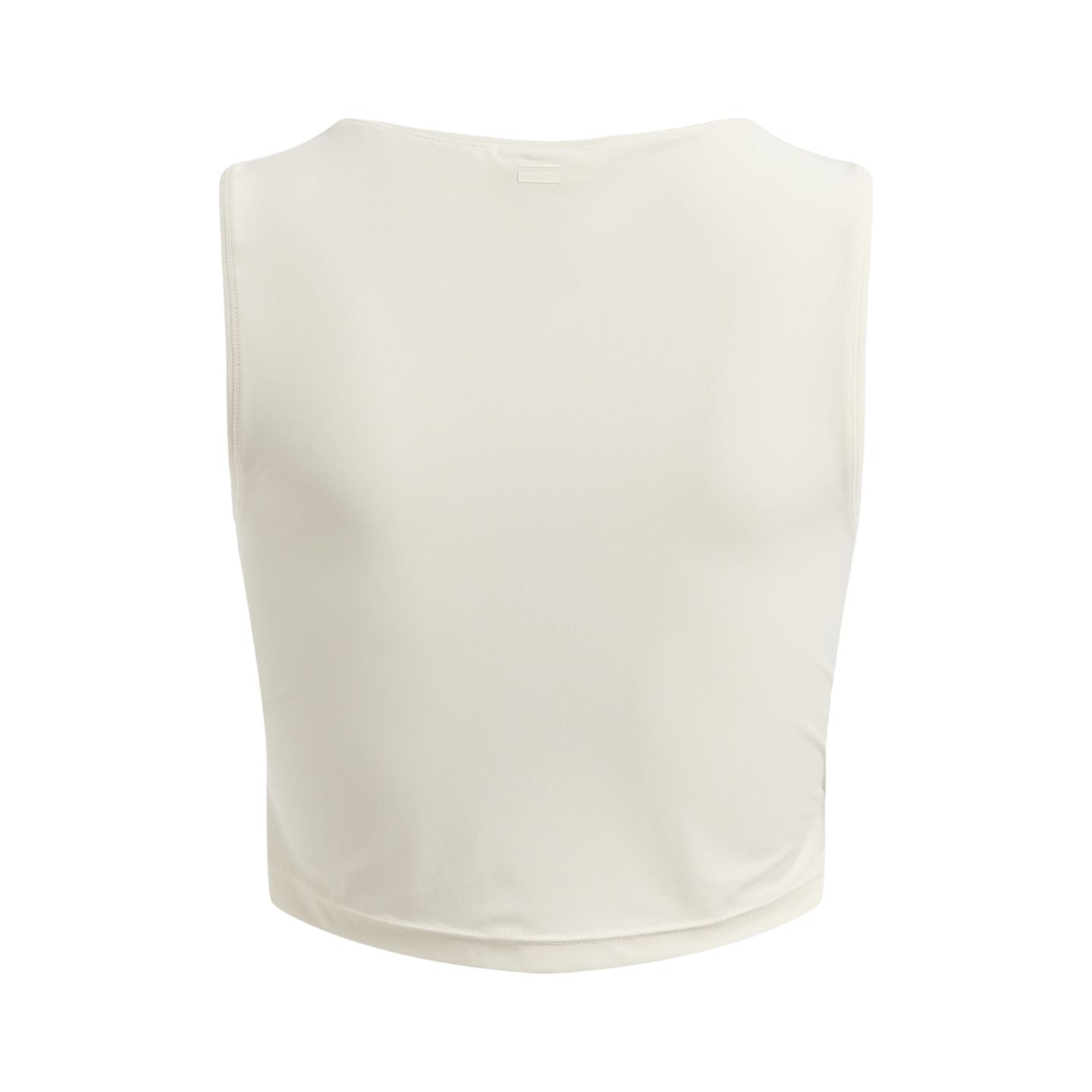 Rückansicht eines ärmellosen, cremefarbenen Tops mit schlichtem Design.