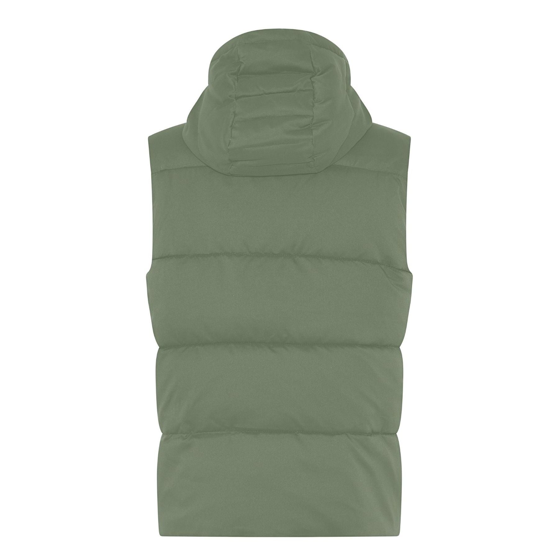 Eine grüne Pufferweste mit Kapuze, von hinten vor weißem Hintergrund. Die Weste hat horizontale gesteppte Abschnitte und keine sichtbaren Logos oder Verzierungen.