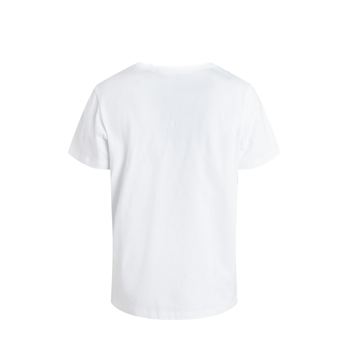 Rückseite eines weißen T-Shirts auf weißem Hintergrund.