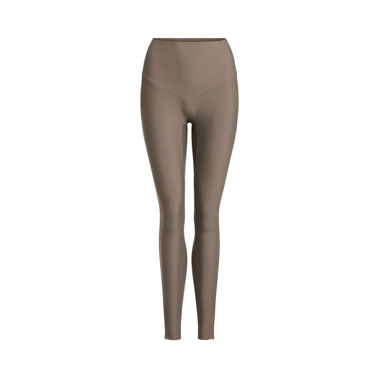 Grau-braune Leggings mit hoher Taille vor weißem Hintergrund.