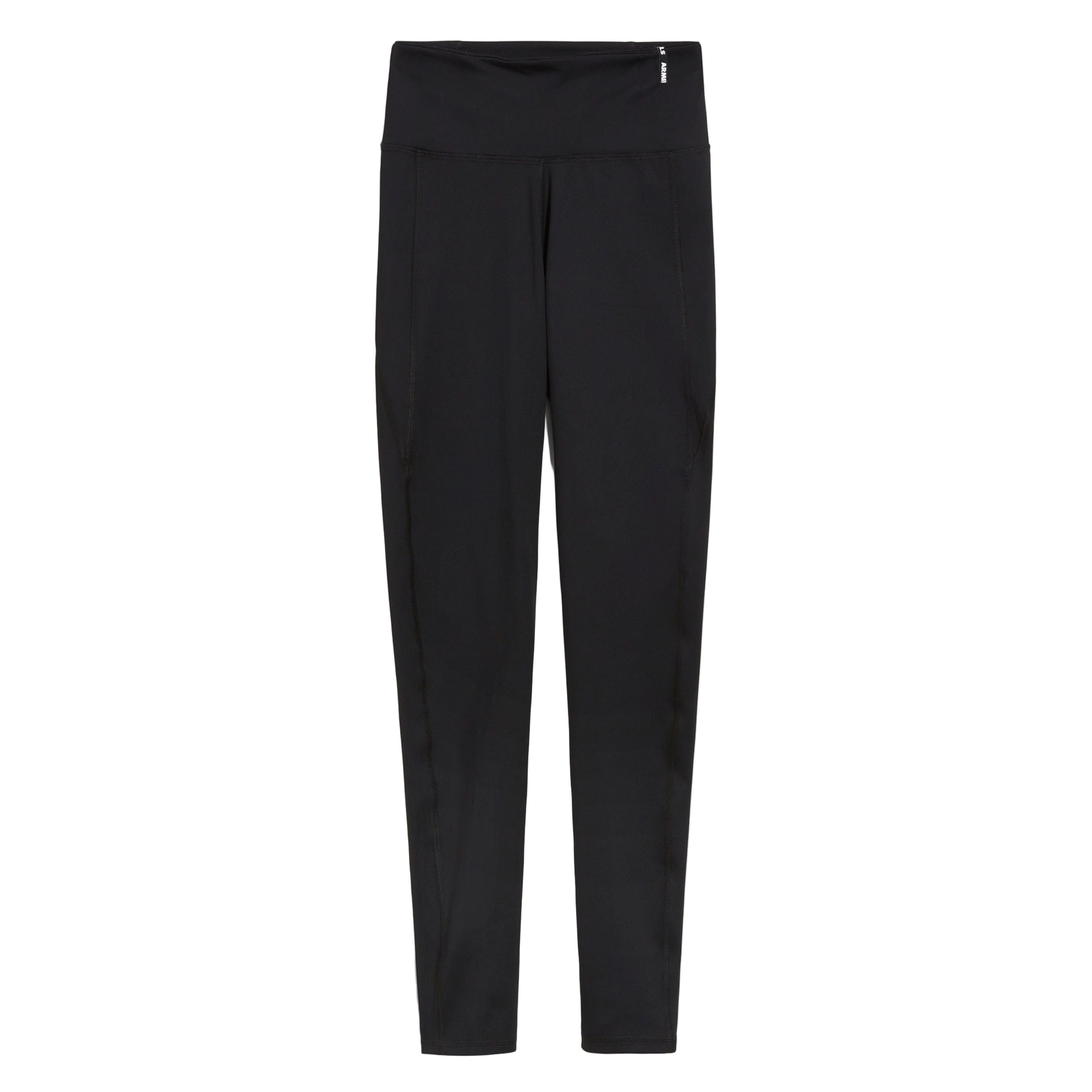 Ein Paar schwarze Leggings mit hoher Taille und breitem Bund auf weißem Hintergrund.
