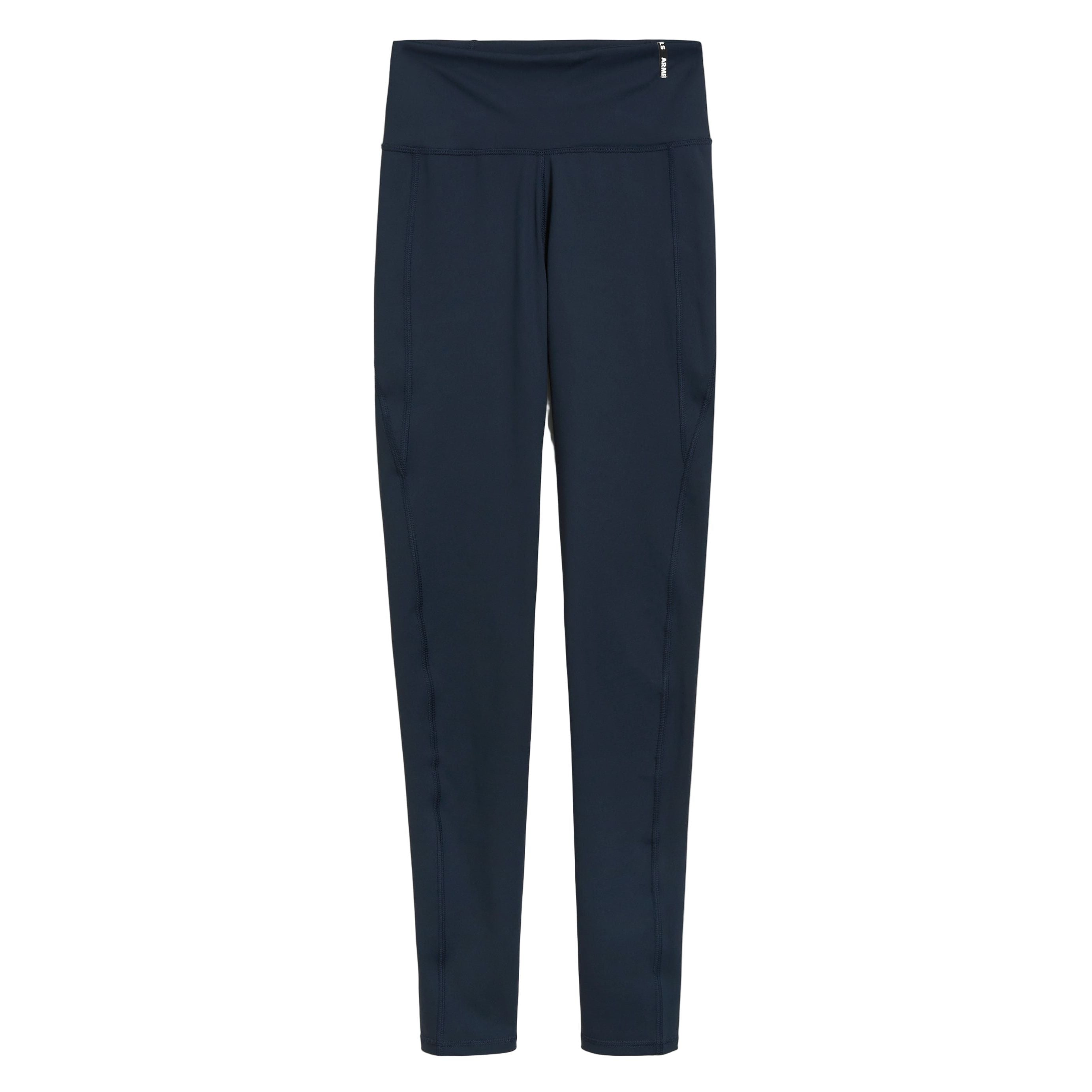 Marineblaue, sportliche Leggings mit hoher Taille, breitem Bund und schmaler Passform auf weißem Grund.